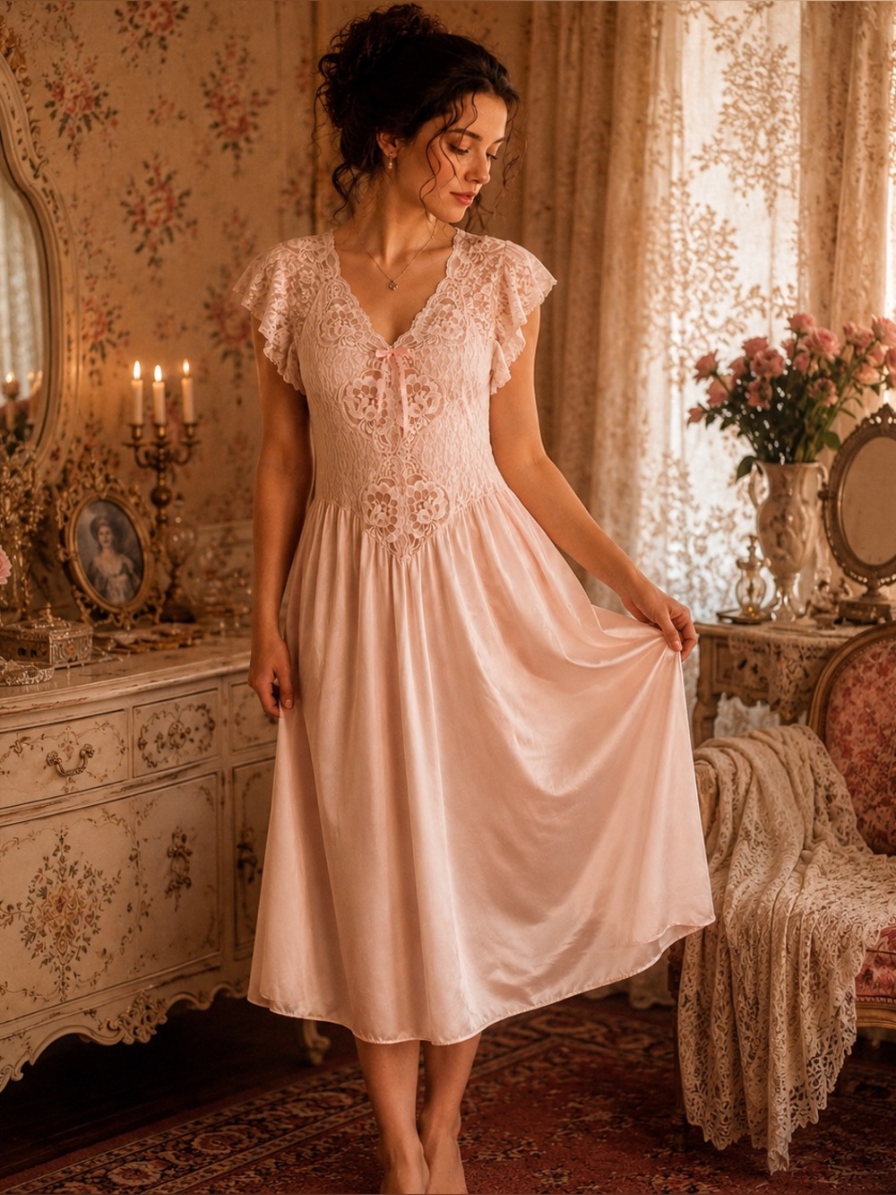 Vintage 80s Cinema Etoile Soft Blush Pink Lace Nylon Peignoir Nightgown USA, M